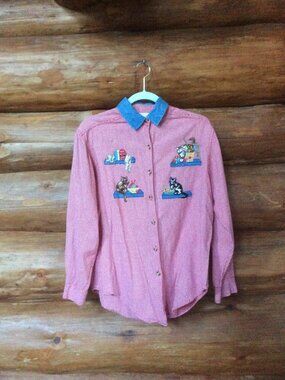Vintage Casey & Max Red Gingham & Denim Embroidered Cat Western Top Size Small